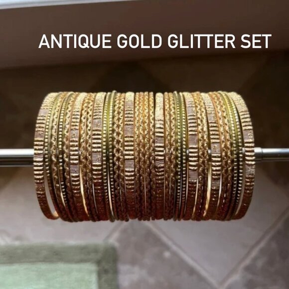 Antique Gold brass Glitter bangles Indian Party Jewelry Set - Picture 8 of 15